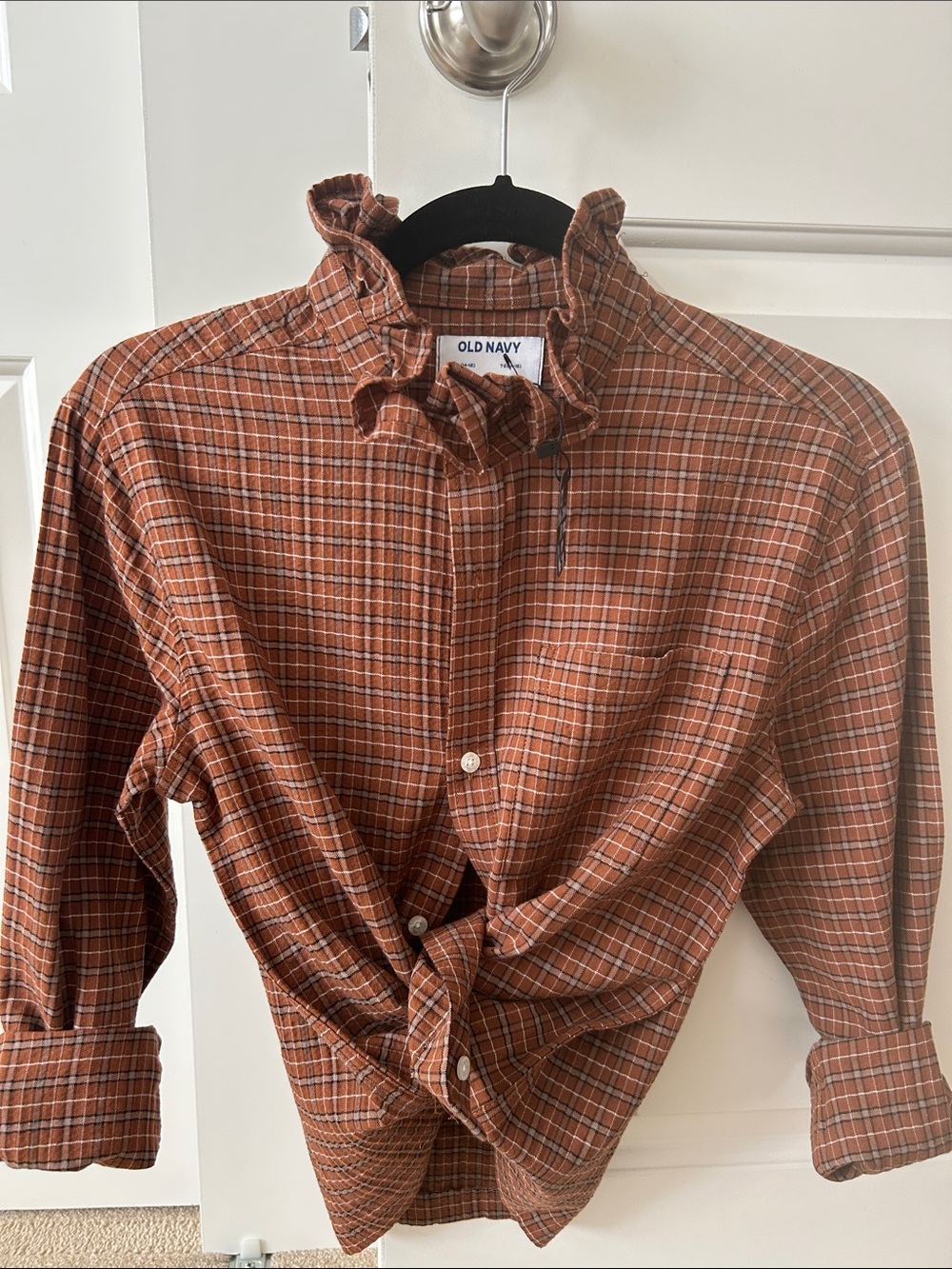 Old Navy Rust Plaid Ruffle-Neck Button-Down Shirt, great for fall!